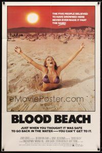 9b120 BLOOD BEACH 1sh '80 classic Jaws parody image of sexy girl in bikini sinking in quicksand!