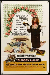9b127 BLOODY MAMA 1sh '70 Roger Corman, AIP, crazy Shelley Winters w/Bible and tommy gun!