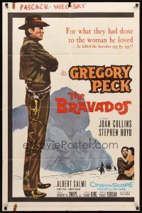 9b151 BRAVADOS 1sh '58 full-length art of cowboy Gregory Peck with gun & sexy Joan Collins!