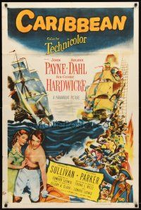 9b179 CARIBBEAN 1sh '52 cool art of barechested pirate John Payne & sexy Arlene Dahl!