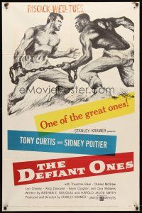 9b240 DEFIANT ONES 1sh '58 art of escaped cons Tony Curtis & Sidney Poitier chained together!