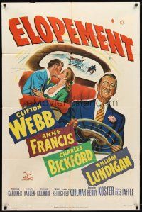 9b278 ELOPEMENT 1sh '51 art of Clifton Webb driving car with Anne Francis & boyfriend kissing!