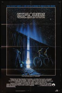 9b293 EXPLORERS 1sh '85 Joe Dante directed, image of bike & skateboard by glowing fence!