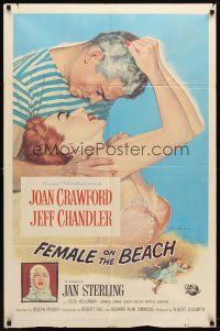 9b305 FEMALE ON THE BEACH 1sh '55 romantic close up art of Joan Crawford and Jeff Chandler!