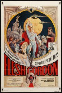 9b315 FLESH GORDON 1sh '74 sexy sci-fi spoof, wacky erotic super hero art by George Barr!