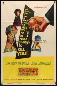 9b321 FOOTSTEPS IN THE FOG style B 1sh '55 Stewart Granger there to kiss or kill Jean Simmons!