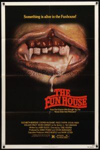 9b341 FUNHOUSE 1sh '81 Tobe Hooper, creepy close up of drooling mouth with nasty teeth!