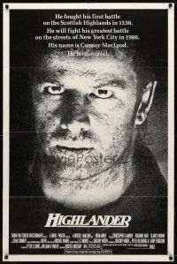 9b407 HIGHLANDER 1sh '86 huge close up headshot of immortal Christopher Lambert!