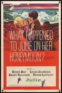 9b469 JULIE 1sh '56 what happened to Doris Day on her honeymoon with Louis Jourdan?