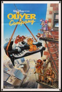 9b655 OLIVER & COMPANY 1sh '88 great image of Walt Disney cats & dogs in New York City!