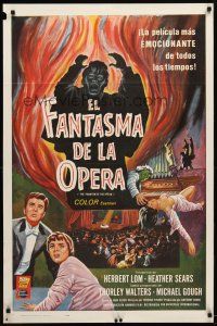 9b689 PHANTOM OF THE OPERA Spanish/U.S. 1sh '62 Hammer horror, Herbert Lom, cool different art!