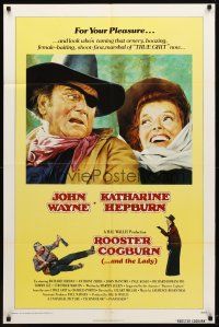 9b762 ROOSTER COGBURN int'l 1sh '75 great art of John Wayne with eyepatch & Katharine Hepburn!