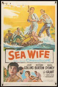 9b778 SEA WIFE 1sh '57 great castaway art of sexy Joan Collins & Richard Burton on raft at sea!