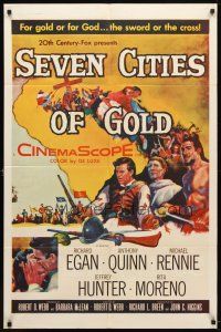 9b788 SEVEN CITIES OF GOLD 1sh '55 barechested Richard Egan, Mexican Anthony Quinn, priest Rennie