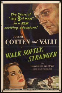 9b944 WALK SOFTLY STRANGER 1sh '50 Robert Stevenson directed, art of Joseph Cotten & pretty Valli!