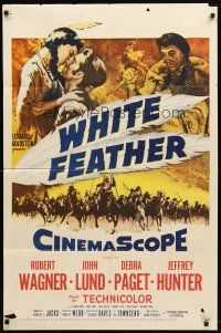 9b966 WHITE FEATHER 1sh '55 art of Robert Wagner & Native American Debra Paget!