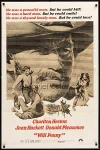 9b977 WILL PENNY 1sh '68 close up of cowboy Charlton Heston, Joan Hackett, Donald Pleasance
