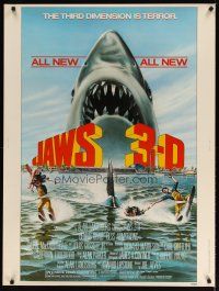 9c173 JAWS 3-D 30x40 '83 great Gary Meyer shark artwork, the third dimension is terror!