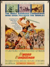 9c231 SWORD OF THE CONQUEROR 30x40 '62 great image of Jack Palance as barbarian holding sexy girl!