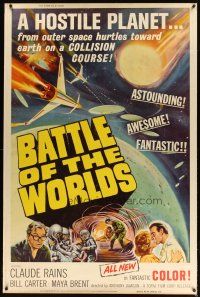 9c395 BATTLE OF THE WORLDS 40x60 '63 cool sci-fi, flying saucers from a hostile enemy planet!
