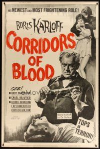 9c412 CORRIDORS OF BLOOD 40x60 '63 Boris Karloff, Christopher Lee, blood-curdling experiments!