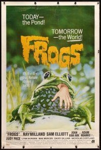 9c424 FROGS 40x60 '72 great horror art of man-eating amphibian with human hand hanging from mouth!