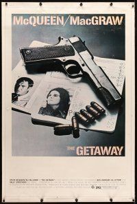 9c426 GETAWAY 40x60 '72 Steve McQueen, Ali McGraw, Sam Peckinpah, cool gun & passports image!