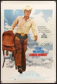 9c432 JUNIOR BONNER 40x60 '72 full-length rodeo cowboy Steve McQueen carrying saddle!