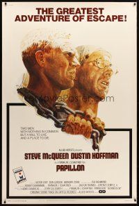 9c449 PAPILLON 40x60 '73 great art of prisoners Steve McQueen & Dustin Hoffman by Tom Jung!