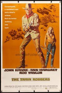 9c476 TRAIN ROBBERS 40x60 '73 great full-length art of cowboy John Wayne & sexy Ann-Margret!