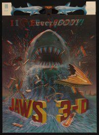 9c125 JAWS 3-D commercial poster '83 great 3D art of shark, he loves everyBODY, includes glasses!