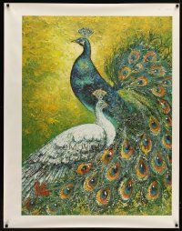 9c371 BRITTINI 35x45 art print '70s wonderful colorful artwork of peacocks!