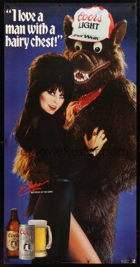 9c364 COORS LIGHT BEER WOLF 28x56 advertising poster '86 super-sexy Elvira, Mistress of the Dark!