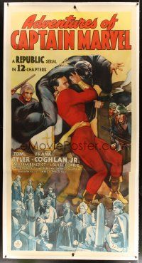 9d024 ADVENTURES OF CAPTAIN MARVEL linen 3sh '41 full-length art of Tom Tyler in costume fighting!