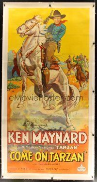 9d031 COME ON, TARZAN linen 3sh '32 wonderful stone litho of Ken Maynard on his rearing horse!