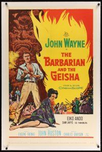 9d204 BARBARIAN & THE GEISHA linen 1sh '58 John Huston, art of John Wayne with torch & Eiko Ando!