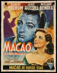 9d171 MACAO linen Belgian '52 Josef von Sternberg, different art of Mitchum & sexy Jane Russell!