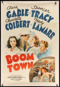 9d211 BOOM TOWN linen style D 1sh '40 stone litho of Clark Gable, Tracy, Colbert & Hedy Lamarr!