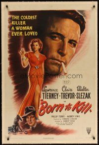 9d212 BORN TO KILL linen 1sh '46 art of smoking Lawrence Tierney & full-length sexy Claire Trevor!