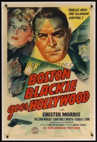 9d213 BOSTON BLACKIE GOES HOLLYWOOD linen 1sh '42 cool art of tough detective Chester Morris!