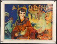 9d059 ALADDIN linen stage play British quad '30s stone litho of female lead with lamp & treasure!