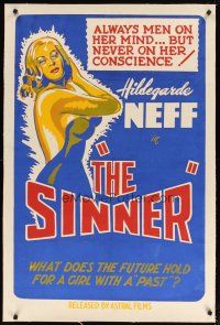 9d084 SINNER linen Canadian 1sh '54 she always has men on her mind but not on her conscience!