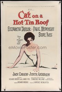 9d220 CAT ON A HOT TIN ROOF linen 1sh R66 classic art of Elizabeth Taylor as Maggie the Cat!