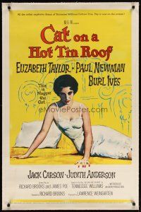 9d219 CAT ON A HOT TIN ROOF linen 1sh '58 classic artwork of Elizabeth Taylor as Maggie the Cat!