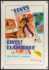 9d222 CLAMBAKE linen 1sh '67 McGinnis art of Elvis Presley in speed boat w/sexy babes, rock & roll!