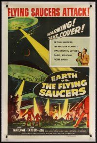 9d241 EARTH VS. THE FLYING SAUCERS linen 1sh '56 sci-fi classic, cool art of UFOs & aliens invading!