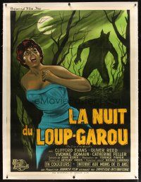 9d013 CURSE OF THE WEREWOLF linen French 1p '61 Hammer, art of monster silhouette chasing sexy girl!
