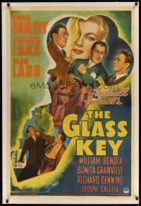 9d256 GLASS KEY linen 1sh '42 incredible artwork of Alan Ladd & sexy Veronica Lake in giant key!