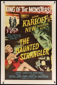 9d267 HAUNTED STRANGLER linen 1sh '58 creepy Boris Karloff marked their death by their wild beauty!