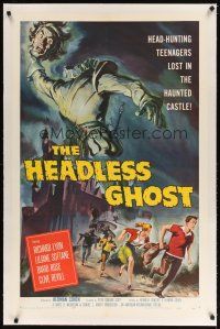 9d268 HEADLESS GHOST linen 1sh '59 head-hunting teenagers lost in the haunted castle, art by Brown!